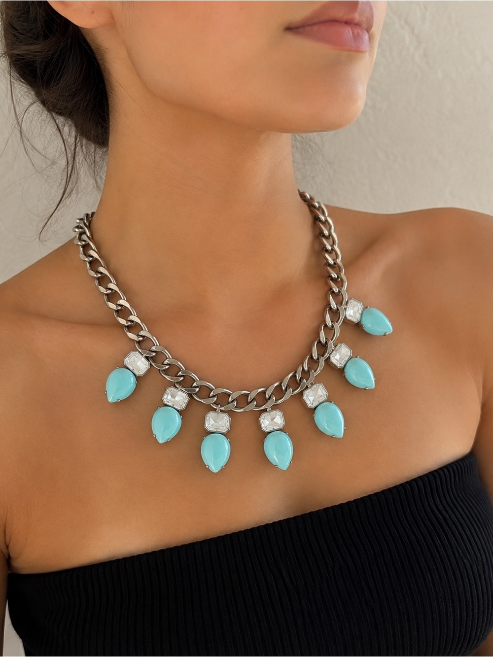 Source Unknown Silver Chain Necklace with Turquoise and Clear Accents
